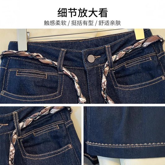 Luxury High-Waist Wide-Leg Denim Jeans with Boho Scarf Tie & Beaded Drawstring | Modern Blend Boutique
