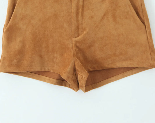 YENKYE Retro Brown Faux Suede Shorts for Women – High-Waist Casual Vintage Short Pants