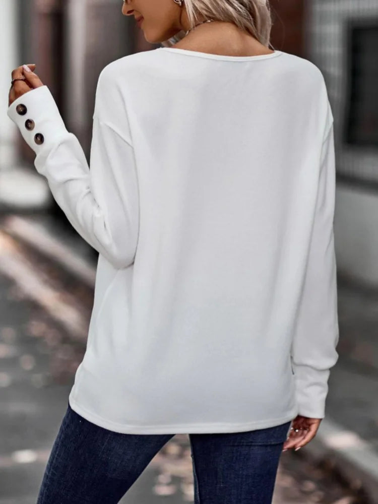 Comfort Pullover Button Down V Neck Long Sleeve Blouse/Loose Fitted.