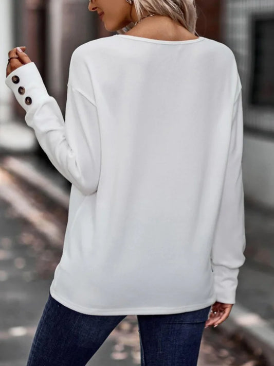 Comfort Pullover Button Down V Neck Long Sleeve Blouse/Loose Fitted.