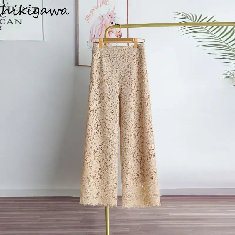 Elegant Lace Wide-Leg Trousers – High-Waist Solid Color Pants for Women | Summer Loose Straight Leg Bottoms | Modern Blend Boutique