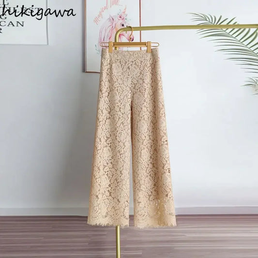 Elegant Lace Wide-Leg Trousers – High-Waist Solid Color Pants for Women | Summer Loose Straight Leg Bottoms | Modern Blend Boutique