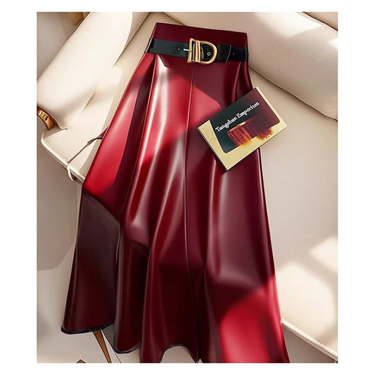 Burgundy Faux Leather A-Line Midi Skirt with Belt – Elegant High-Waist Vegan Leather Skirt