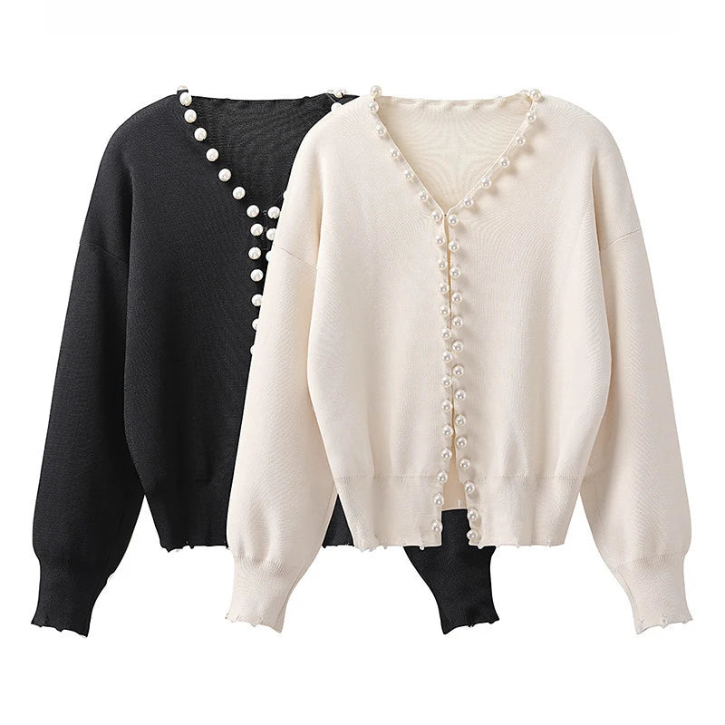 Women's Open Front Pearls/Trim Cardigan Sweater Casual Knitted/Long Sleeve Knit Sweater With Pearls/Elegant White Sweater.
