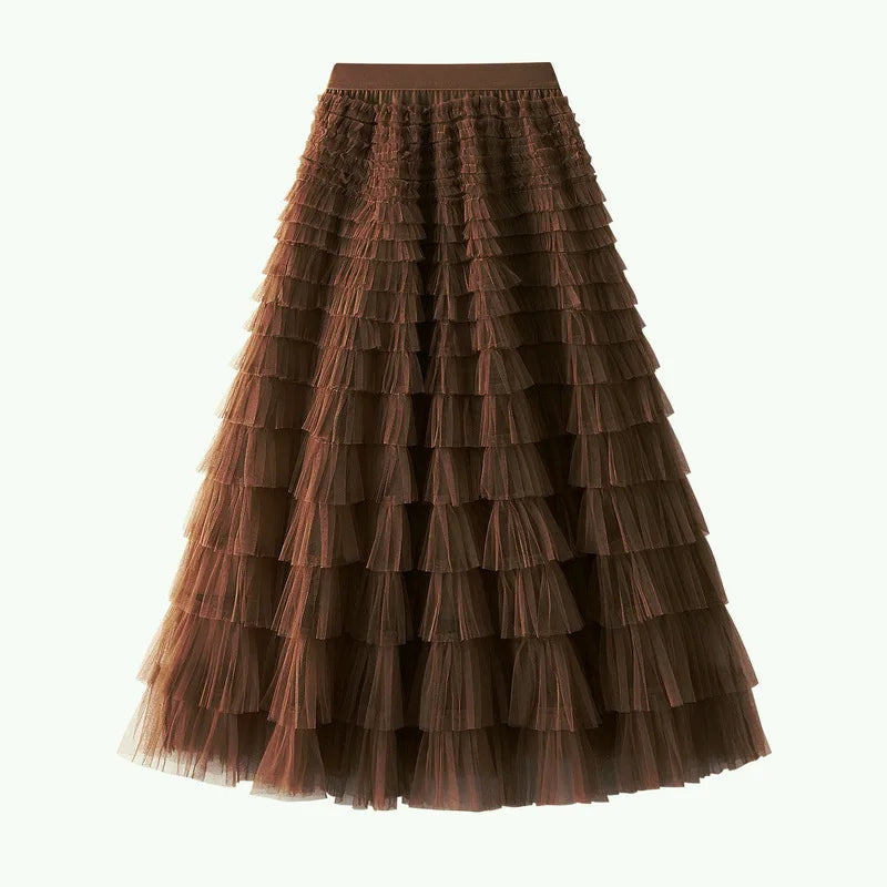 Elegant Layered Mesh Skirt For Women/High-Waisted Puff Skirt/Dropped A~Line/Appliqués Decorative Loose Fitted Skirt.