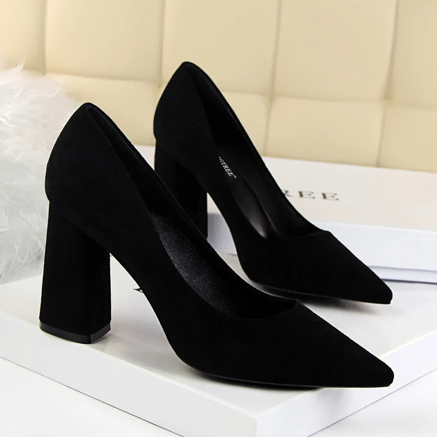 Women’s Suede-Look Pointed Toe Pumps | 8.5cm Block Heel Dress Shoes | Elegant Cognac Brown Heels