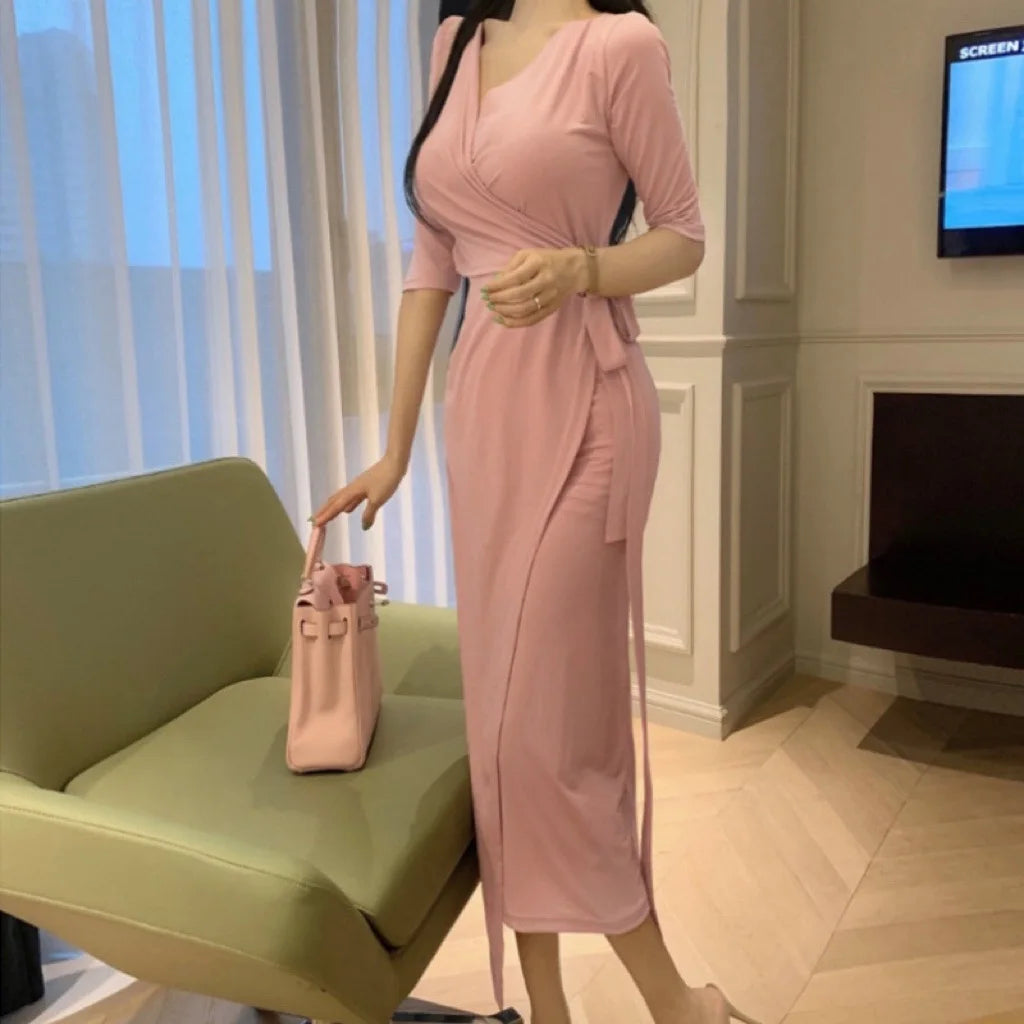 Slimming V-Neck Belted Maxi Dress.