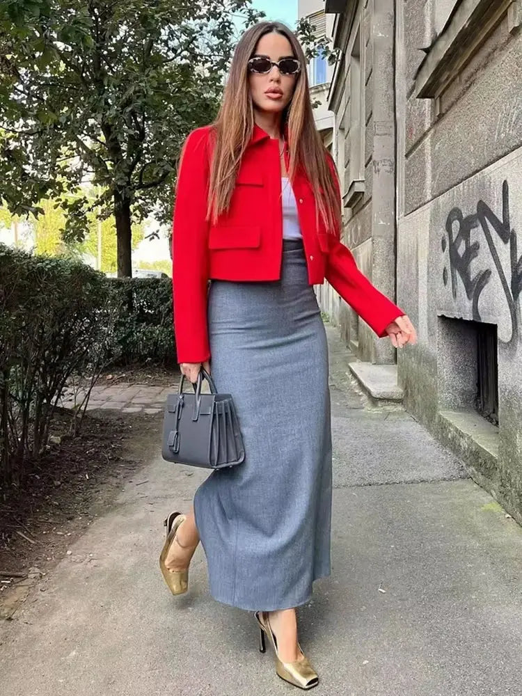 Solid Cropped Up Tatting Blazer/Vintage Style Long Sleeve Snap-button/Female Outerwear Chic Tops/Turn Down Collar Shaped Blazer/Fall Wear Clothing.