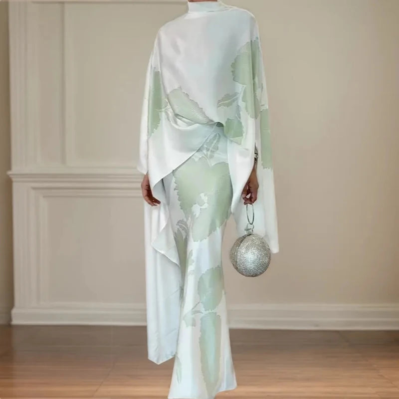 Modern Designed Floral Print Dress/Fashion Silk Beaded Loose Pencil/Maxi Skirt Suit Two Piece Set Simple Party Gown Dresses Set’s.