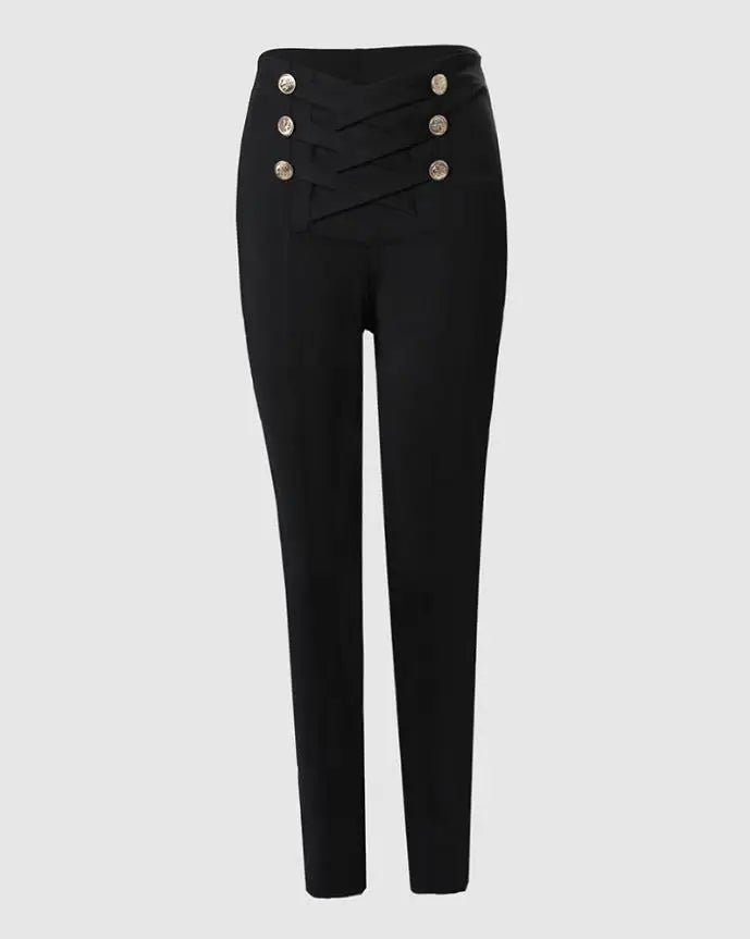 Stunning Zigzag Dressy Pant’s/High Waist Trousers/Buttoned Solid Color/Elegant Hip Lifting Skinny Pencil Pants.