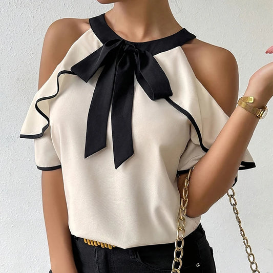 Elegant Bow Strapped Blouse/New Designed Off Shoulder Blouse/Double Ruffled Short Sleeve Shirt/All-Match Solid Top.