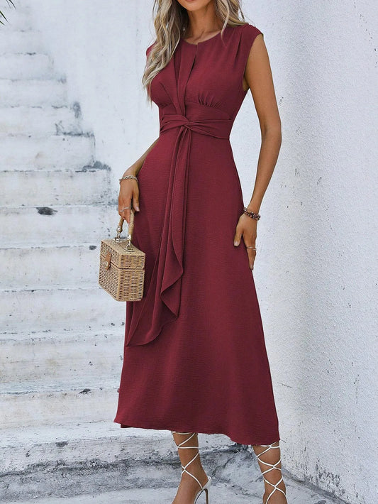 Elegant Sleeveless Waist Tie Midi Dress for Women – Romantic Vacation A-Line Summer Dress | Casual Chic Date Night Outfit | Modern Blend Boutique