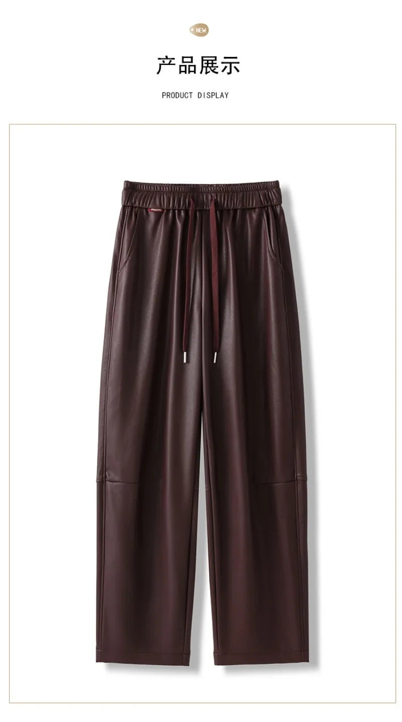 Luxury PU Leather Jogger Pants for Women – High-Waist Elastic Drawstring Wide-Leg Trousers – Comfy Chic Vegan Leather Athleisure Pants
