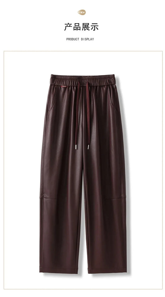Luxury PU Leather Jogger Pants for Women – High-Waist Elastic Drawstring Wide-Leg Trousers – Comfy Chic Vegan Leather Athleisure Pants