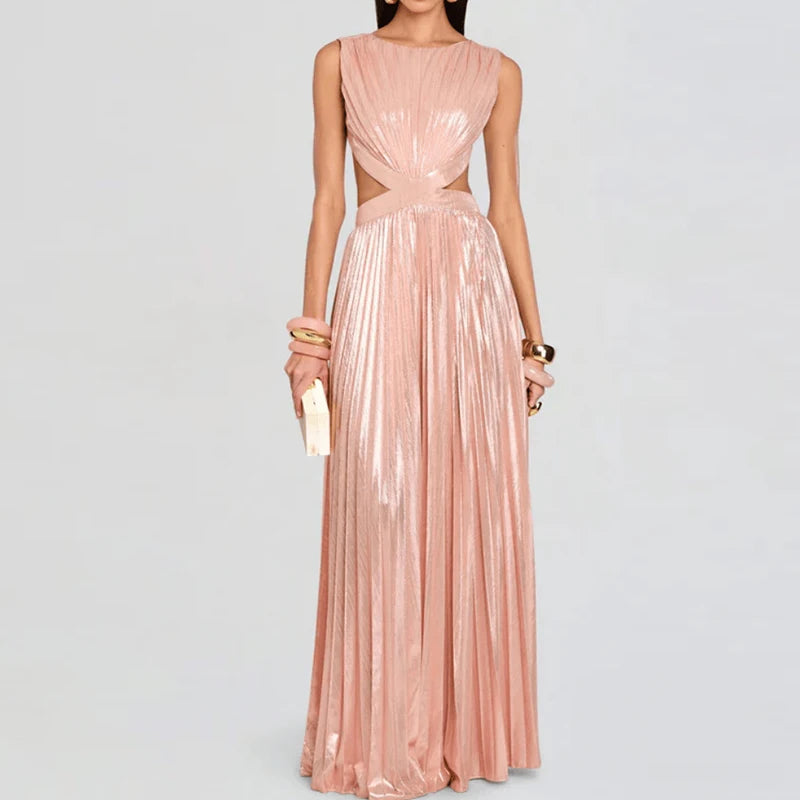Elegant Pleated Maxi Dress – Available in Black, Peach, and Light Blue