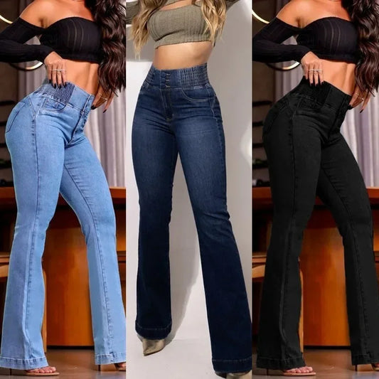 Hot Look Elasticated High-Rise Jean’s/Stretch Fit/Slim Flared Pants/Hip Lift Jeans/Black Patchwork/Medium Stretch Women's Trousers Streetwear.