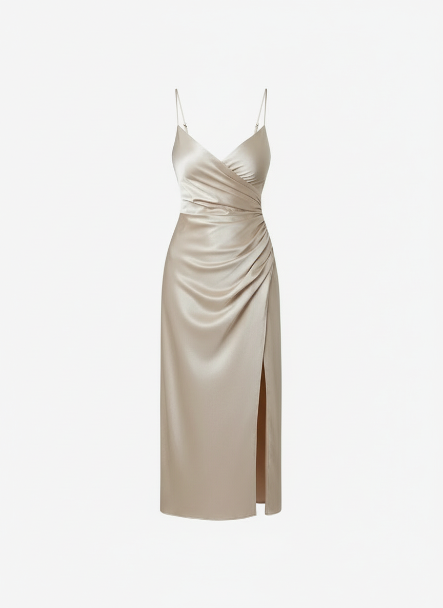 Sexy Glowing Backless Slit Dress/High Split Pleated Satin Dress/Solid V~Neck Mid~Calf Pullover.