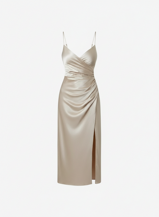 Sexy Glowing Backless Slit Dress/High Split Pleated Satin Dress/Solid V~Neck Mid~Calf Pullover.