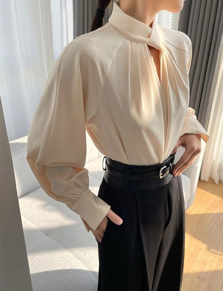 Elegant Twist-Neck Satin Blouse for Women – Long Sleeve Formal Top