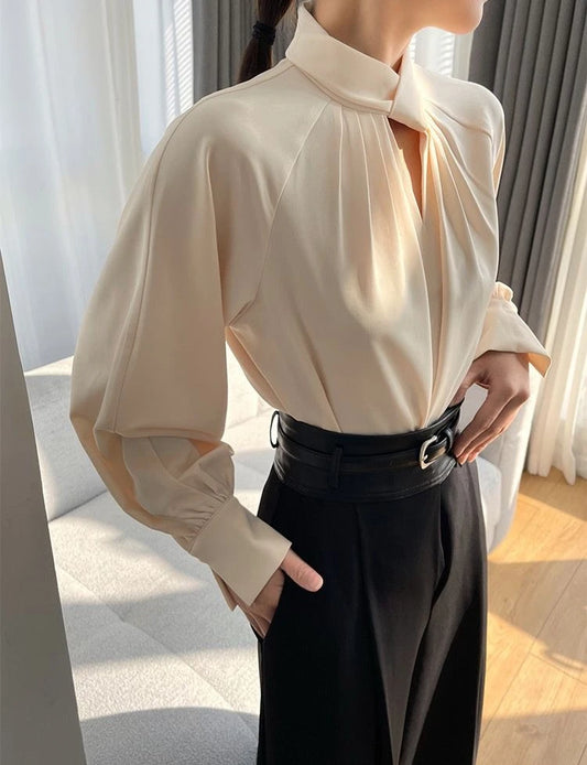 Elegant Twist-Neck Satin Blouse for Women – Long Sleeve Formal Top