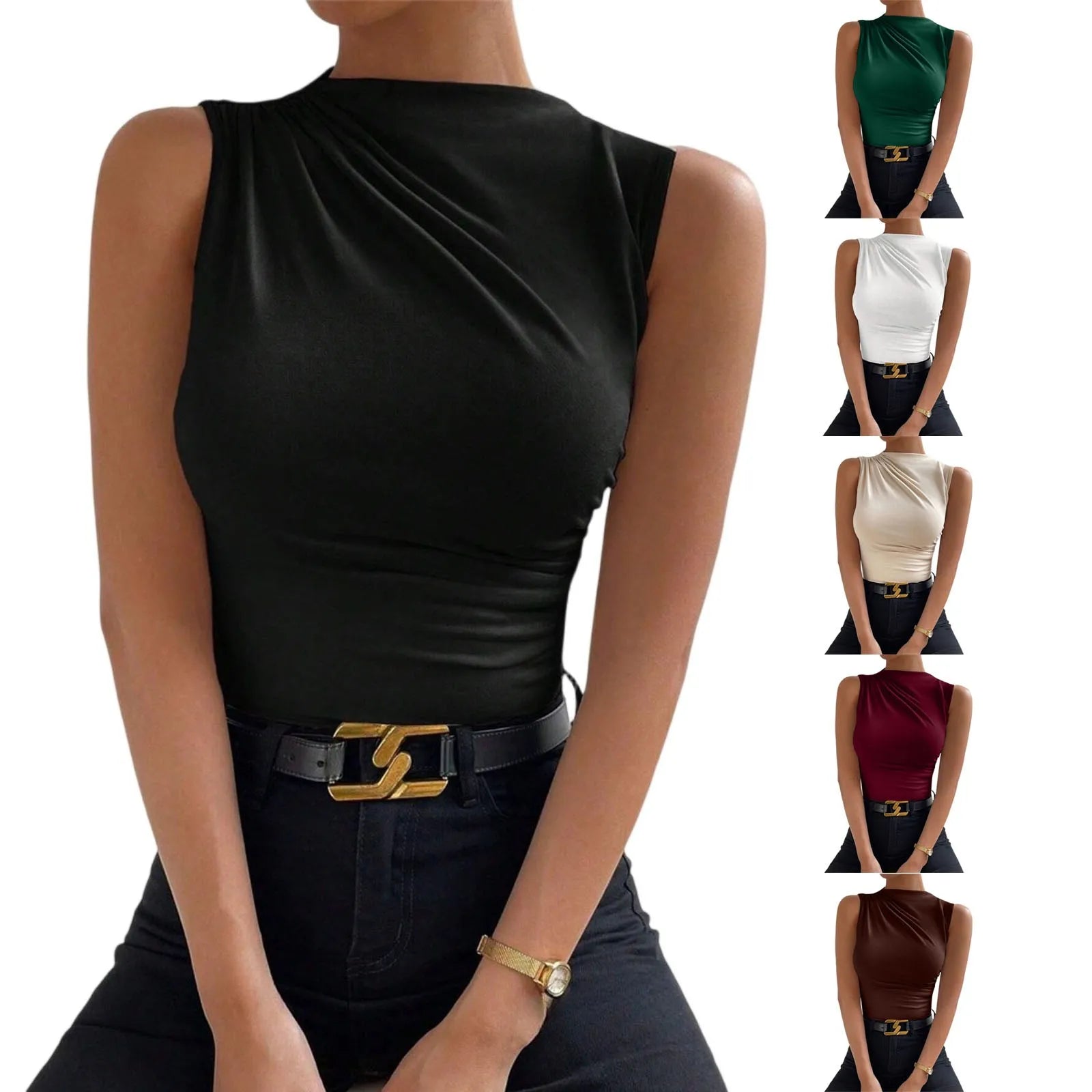 Solid Color Commuted Sleeveless Tight Top’s/Women Fashion Casual Mock  High Neck Ruched Top’s.