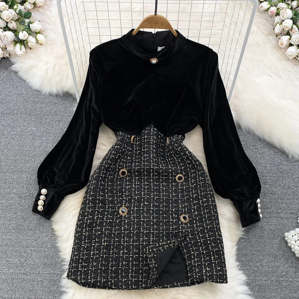 Long Sleeve Vintage Stand Collar Chic Velvet Spliced Coarse Tweed Slim A-line Dresses High Street Autumn Winter Clothing