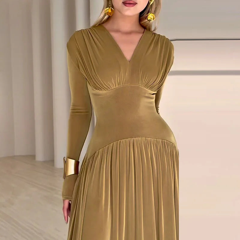 Luxurious Velvet Hight Waist Slim Fit A-Line Dress/Fashion Draped Solid Long Party Dress Sexy Deep V-neck Long Sleeve Maxi Dress/Synthetic Fiber.