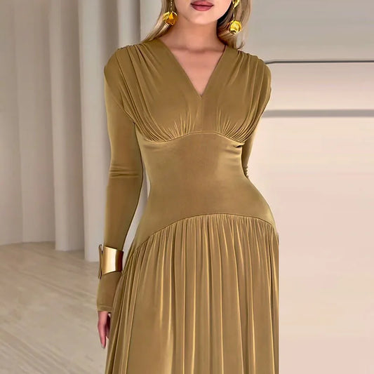 Luxurious Velvet Hight Waist Dress/ Slim Fit A-Line Dress/Fashion Draped Solid Long Party Dress Sexy Deep V-neck Long Sleeve Maxi Dress/Synthetic Fiber.