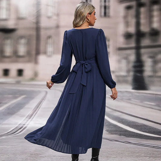 Elegant Side Slit Waist Wrap Dress/Woman Autumn and Winter Solid Color/V Neck Long Sleeve Midi Dress.
