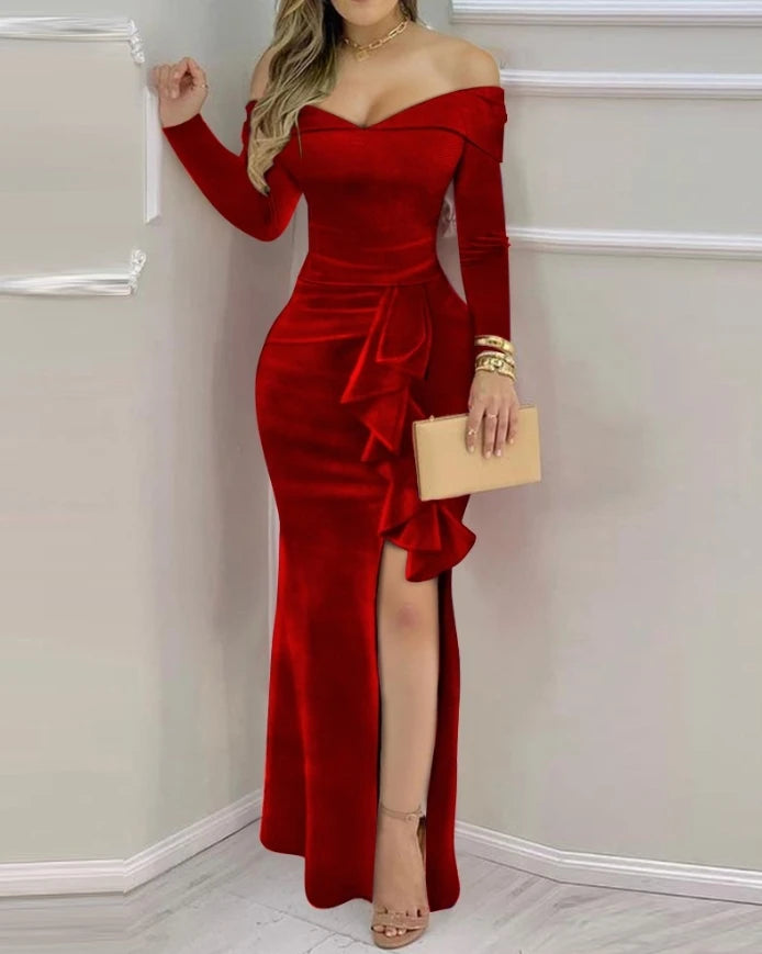 Off Shoulder Velvet Maxi Dress/Ruffled High Waist Evening Gown/Long Sleeve Silk Dress/Single Collar Draped.💙