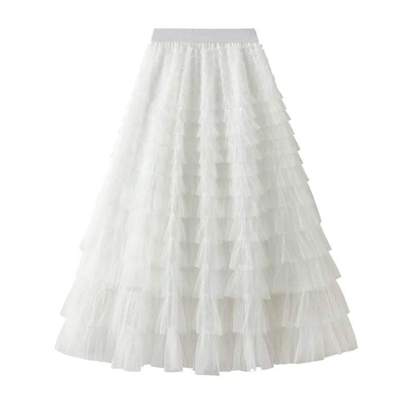 Elegant Layered Mesh Skirt For Women/High-Waisted Puff Skirt/Dropped A~Line/Appliqués Decorative Loose Fitted Skirt.