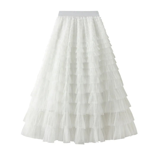 Elegant Layered Mesh Skirt For Women/High-Waisted Puff Skirt/Dropped A~Line/Appliqués Decorative Loose Fitted Skirt.