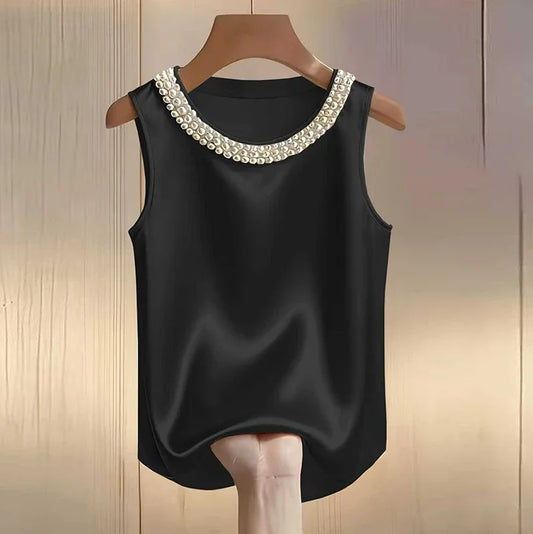 Elegant Satin Sleeveless Blouse with Pearl Beaded Neckline – Luxury Loose Fit Summer Top for Women | Modern Blend Boutique