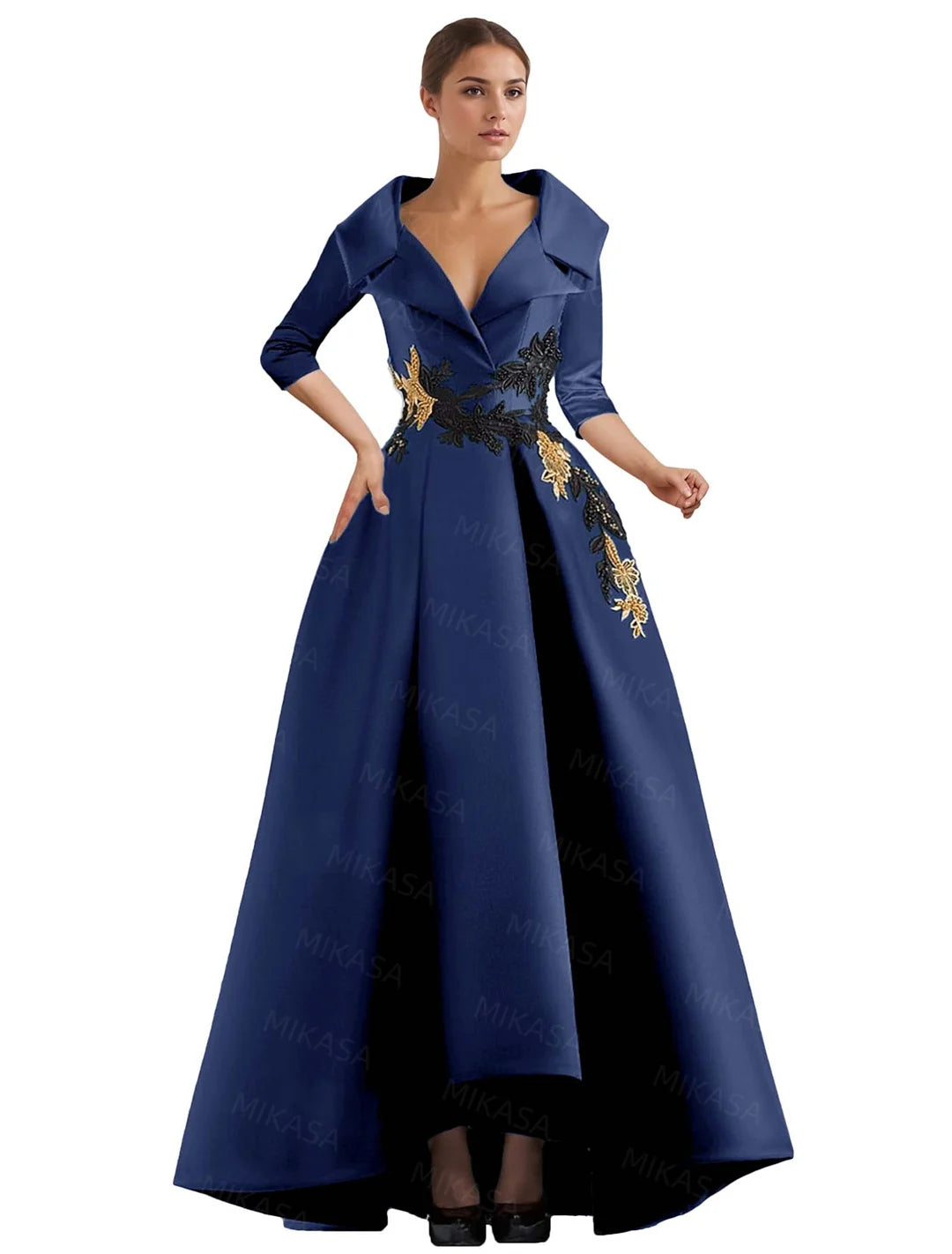 Elegant A Line Vintage Gown/Modern Three Quarter Sleeves V~Neck Dress/Party Gowns With Appliqué’s/Pockets Irregular Ruffles.