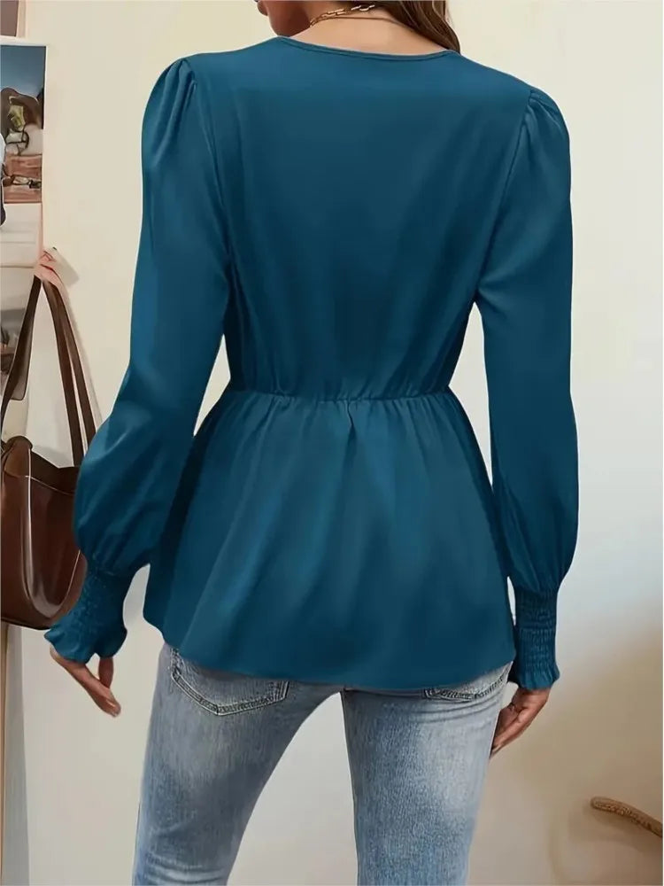Elegant V-neck Lace Up Waist Cinching Autumn Women's Clothing New Casual Loose Solid Color Pullover Shirt.
