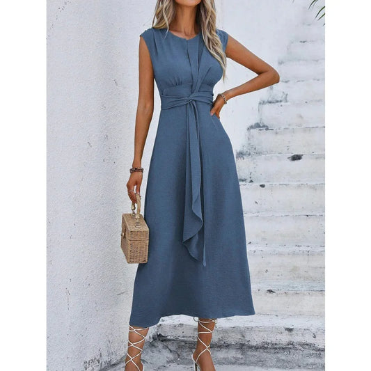 Elegant Sleeveless Waist Tie Midi Dress for Women – Romantic Vacation A-Line Summer Dress | Casual Chic Date Night Outfit | Modern Blend Boutique
