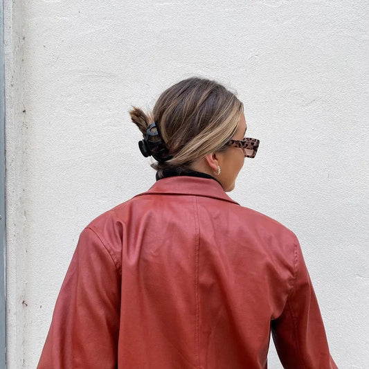 Women’s Oversized Vegan Leather Blazer – Single Breasted Faux Leather Jacket with Pockets