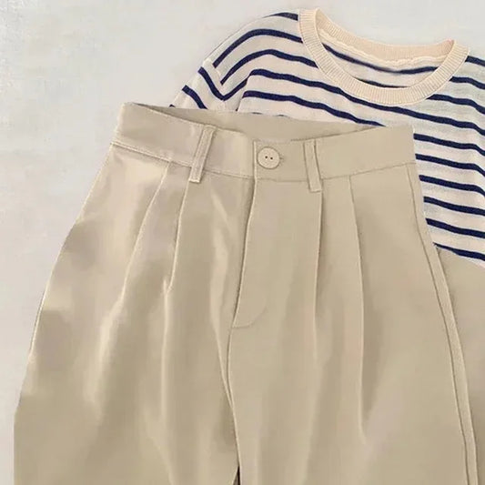 High-Waist Pleated Straight-Leg Trousers for Women | Elegant Tailored Casual Suit Pants | Soft Blush Pink Fashion Pants