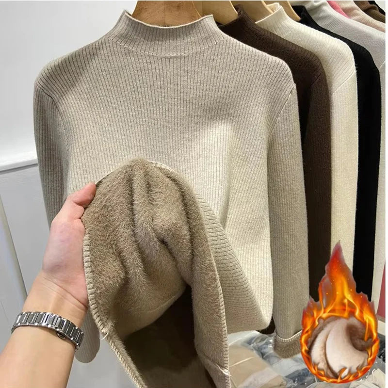 Solid Neck FleeceTurtleneck/Winter Sweater Women Elegant/Thicken Velvet Lined Warm Sueter Knitwear Jumper.