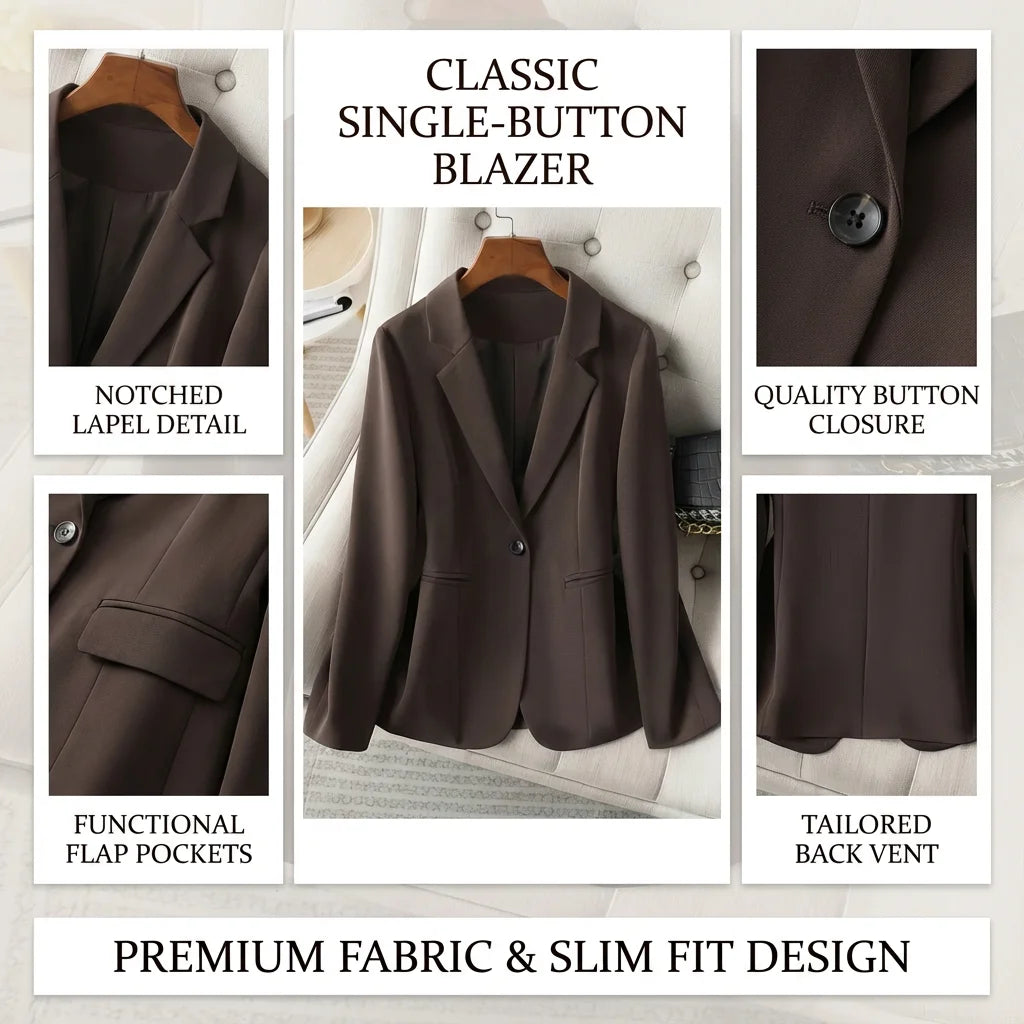 Women’s Chocolate Brown Tailored Blazer – Single-Button Notched Collar Jacket | Elegant Office & Casual Chic Outerwear