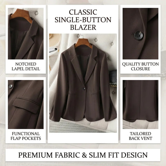 Women’s Chocolate Brown Tailored Blazer – Single-Button Notched Collar Jacket | Elegant Office & Casual Chic Outerwear