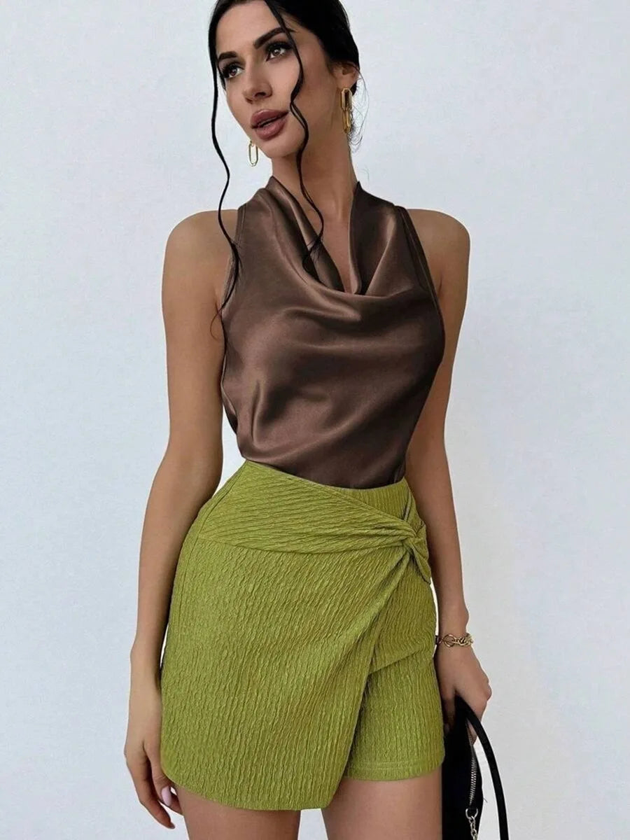Elegant Satin Halter Blouse for Women – Sleeveless Bow Neck Office Lady Top
