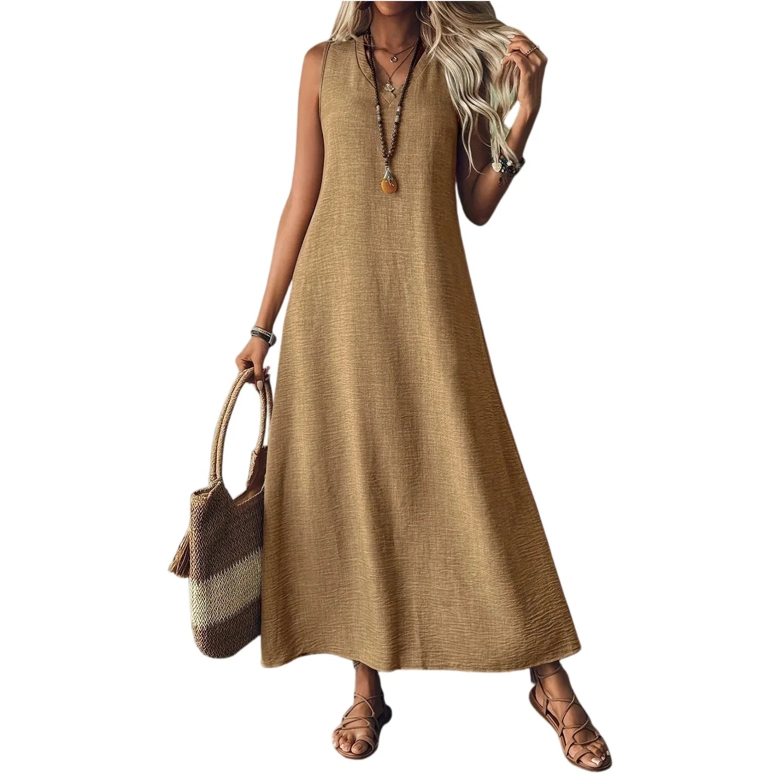 Trendy Solid V-Neck Loose Dress/Sleeveless V Neck Pullover Dresses/Holiday Beach Skirt Robe.
