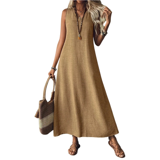 Trendy Solid V-Neck Loose Dress/Sleeveless V Neck Pullover Dresses/Holiday Beach Skirt Robe.