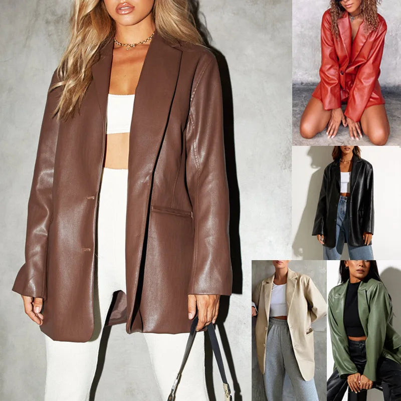 Women’s Oversized Vegan Leather Blazer – Single Breasted Faux Leather Jacket with Pockets