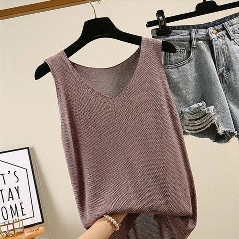 Pullover Women's V-neck Blouse/Thin Knitted Loose Tops/Basic Solid Color Sleeveless/T-shirt For Women Casual Blouses.