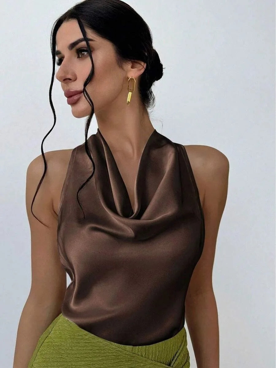 Elegant Satin Halter Blouse for Women – Sleeveless Bow Neck Office Lady Top