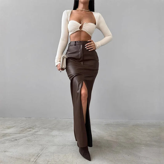 Luxury High-Waist Faux Leather Midi Skirt with Front Slit – Elegant Tailored Fit