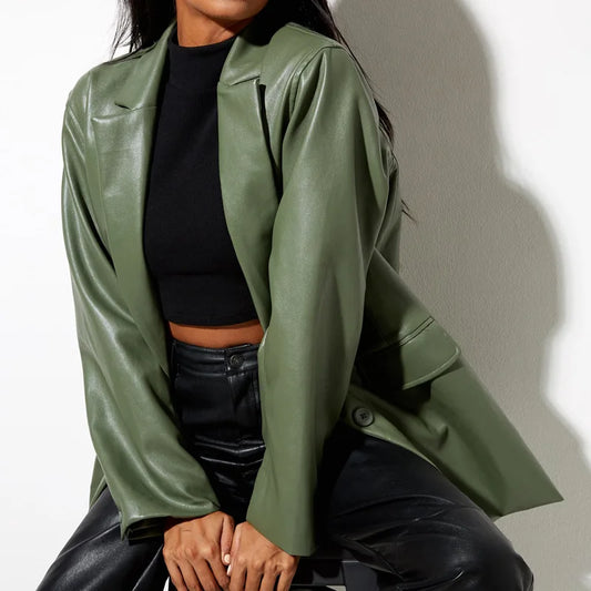 Women’s Oversized Vegan Leather Blazer – Single Breasted Faux Leather Jacket with Pockets