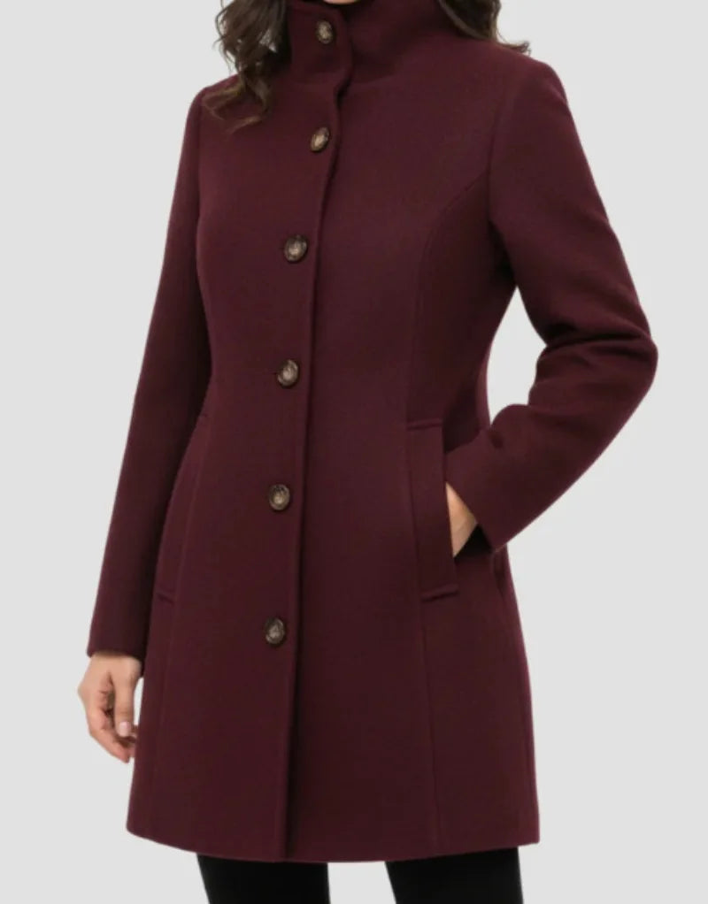 Women’s Wool-Look Tailored A-Line Coat | Stand Collar, Button Front, Slim Fit – Fall/Winter (Copy)